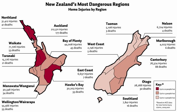 Map showing home injuries by region